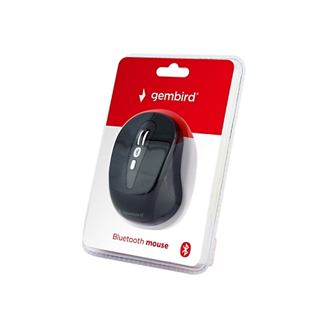 Schwarze Bluetooth-Maus in einer Plastikverpackung. Auf der Verpackung steht 'gembird' und 'Bluetooth mouse'.