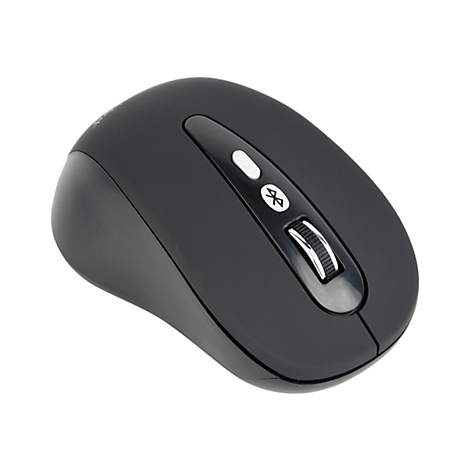 Schwarze, kabellose Computermaus mit Scrollrad und Bluetooth-Symbol.