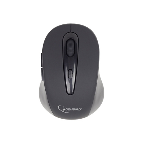 Drahtlose Computermaus in Grau mit Scrollrad und zwei KnÃ¶pfen. Herstellerlogo Gembird am unteren Rand.