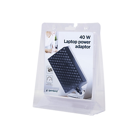 Laptop-Netzteil 40W in transparentem Blisterpack, schwarzes Muster, Aufdruck.