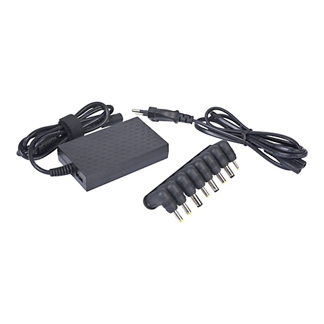 Ein schwarzes Laptop-Netzteil mit verschiedenen Anschlussadaptern auf weiÃŸem Hintergrund.