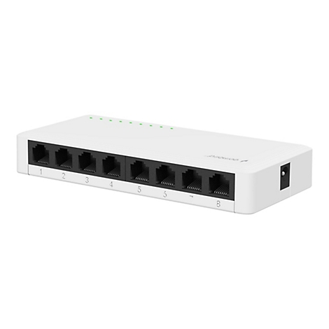 Weißer 8-Port Netzwerk-Switch mit numerierten Anschlüssen vor weißem Hintergrund.