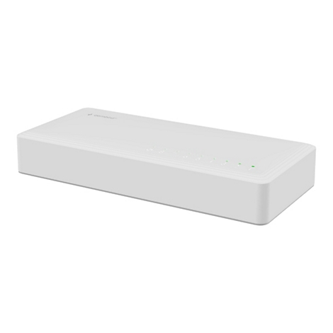 Weißer Gembird Netzwerk-Switch mit acht Ports und leuchtenden grünen LEDs auf der Oberseite.