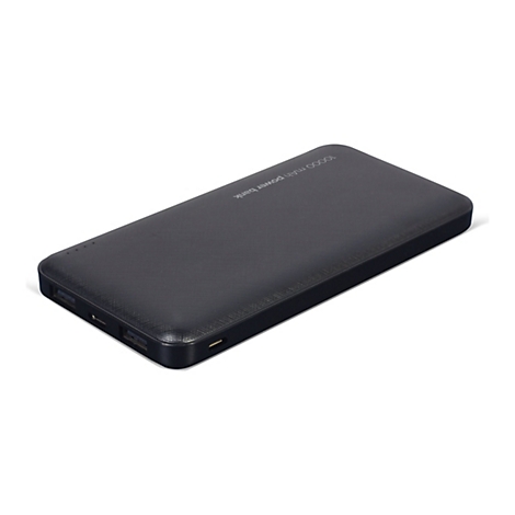 Schwarze 10.000 mAh Powerbank mit texturierter Oberfläche vor weißem Hintergrund.