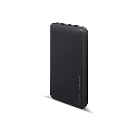 Schwarze 10000 mAh Powerbank mit texturierter Oberfläche vor weißem Hintergrund.