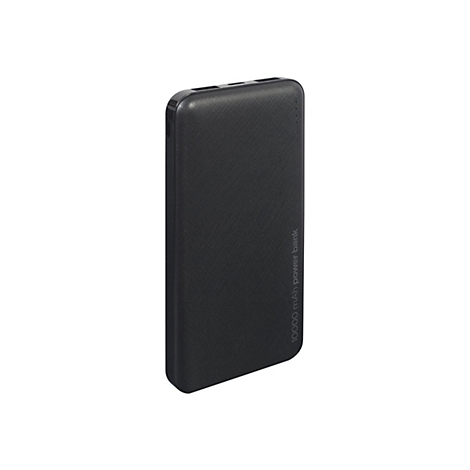 Schwarze Powerbank mit 10.000 mAh Kapazität auf weißem Hintergrund.