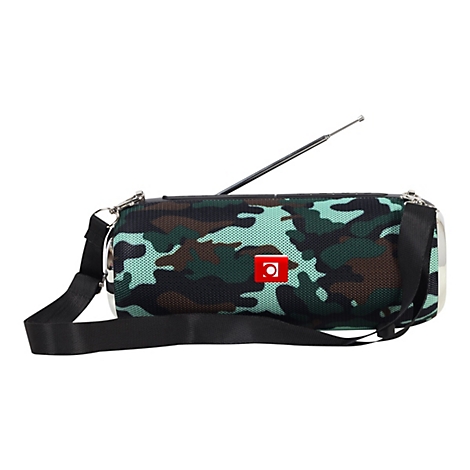 Tragbarer Bluetooth-Lautsprecher in grünem Camouflage-Muster mit schwarzem Tragegurt und ausziehbarer Antenne.