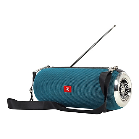 Blauer, zylinderförmiger Bluetooth-Lautsprecher mit Tragegurt und ausziehbarer Antenne vor weißem Hintergrund.