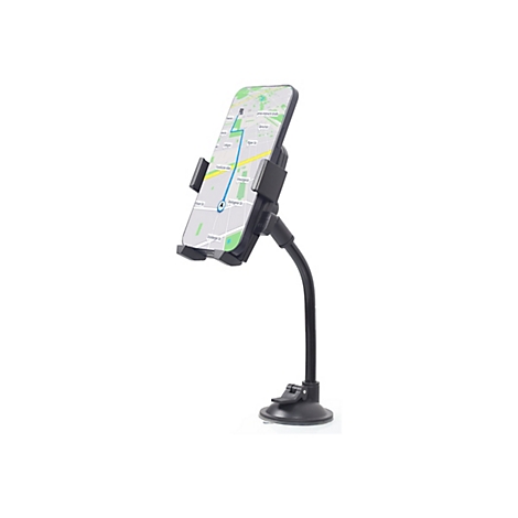 Schwarze Handyhalterung mit Schwanenhals und Saugnapf, Smartphone zeigt eine Navigationskarte.
