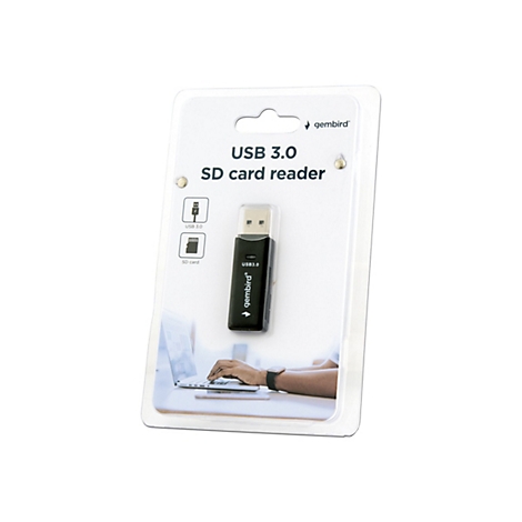 USB-3.0-SD-Kartenleser in Blisterverpackung. Schwarzer Stick mit USB-Anschluss.
