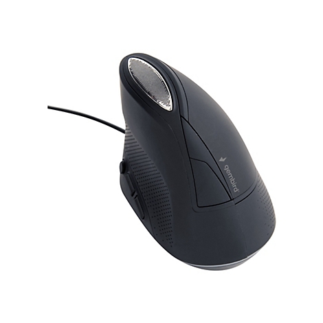 Schwarze, ergonomische Vertikalmaus von Gembird mit Kabel, vor weißem Hintergrund.