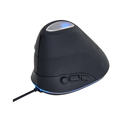 Ergonomische, schwarze Vertikalmaus mit blauem Lichtelement auf weißem Hintergrund.