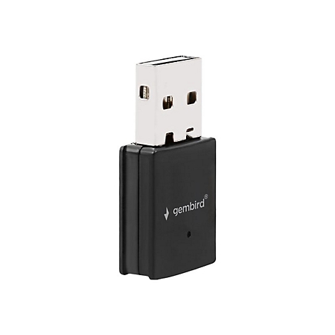 Schwarzer Gembird USB-Bluetooth-Adapter mit silbernem Anschluss vor weißem Hintergrund.