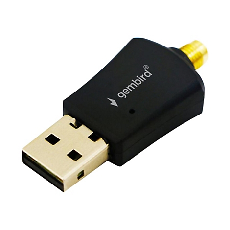 Schwarzer Gembird USB-WLAN-Adapter mit goldenem USB-Anschluss und goldenem Antennenanschluss.