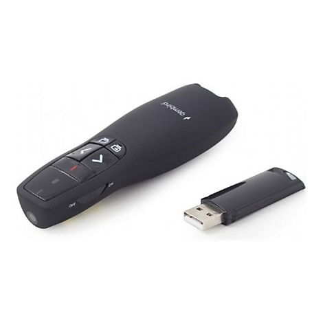 Schwarzer Gembird Laser-Präsentations-Pointer mit Bedienknöpfen und separatem USB-Empfänger auf weißem Grund.