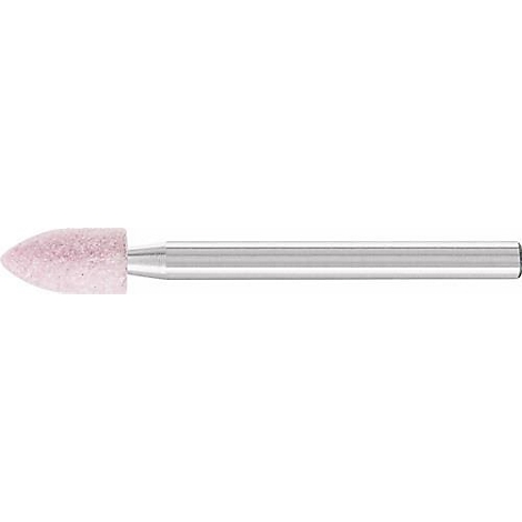 Een slijpsteen bevestigd aan een metalen staaf. De slijpsteen is roze en kegelvormig.