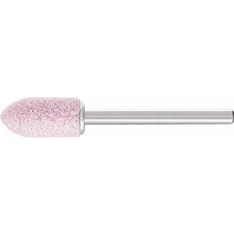 Een roze slijpstift met een metalen schacht. De slijpkop is licht koepelvormig.