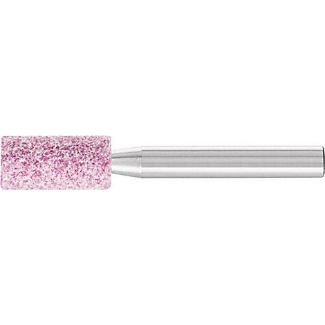 Een gereedschap met een cilindrische, roze slijpkop en een zilveren schacht.