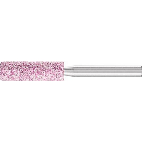 Detailfoto van een freeskop gemaakt van een grofkorrelig, roze materiaal. De schacht is metaalachtig en glad.