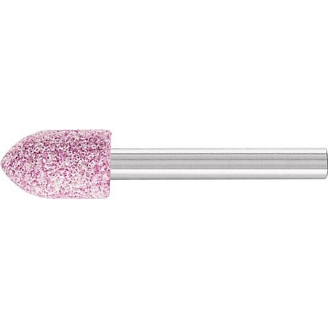 Roze slijpkop met metalen schacht. De punt is conisch en heeft een ruw oppervlak.