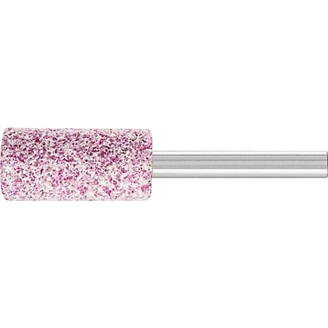 Cilindrische slijpsteen met roze grit en zilveren schacht. De grit heeft een onregelmatige, poreuze textuur.
