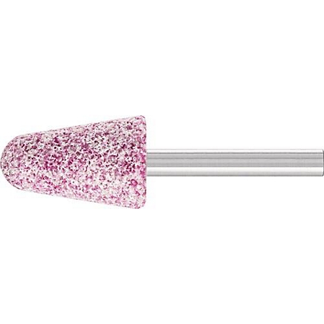 Conische slijpkop met roze, korrelig oppervlak en metalen schacht.