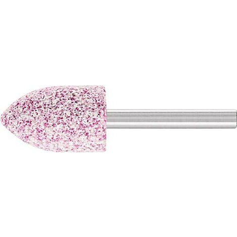 Een taps toelopende slijppunt met roze schuurmiddel en een zilveren schacht, horizontaal liggend.