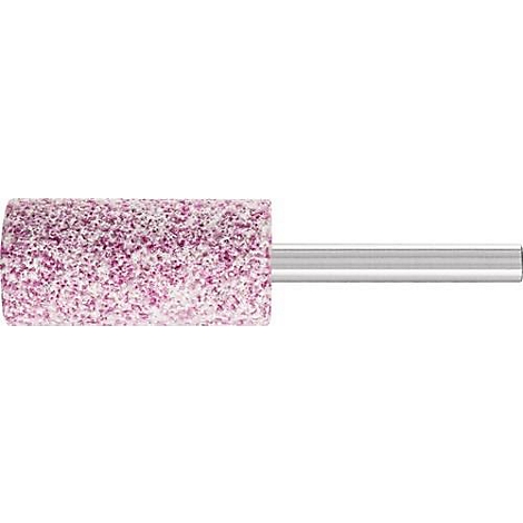Cilindrische slijpschijf met roze slijpkop en metalen steel. De slijpkop heeft een korrelige structuur.