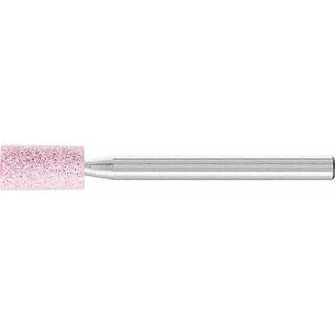 Close-up van een slijpgereedschap. Rechthoekige, roze slijpkop, verbonden met een zilveren schacht.