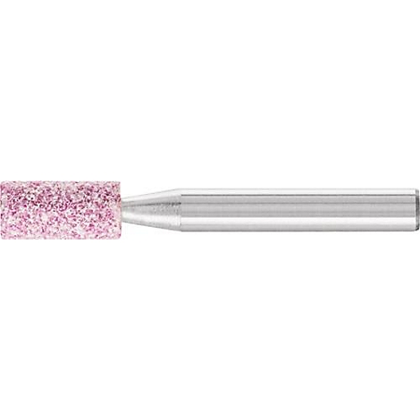 Een rood-roze slijppotlood met een zilveren schacht. De slijpkop is grof en ruw.