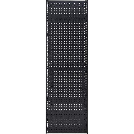 Een zwarte geperforeerde plaat met vierkante gaten die als wand- of schapenborden kan worden gebruikt.