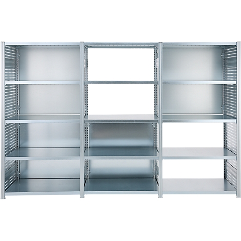 Metalen stellingkast met meerdere planken, tegen een witte achtergrond.