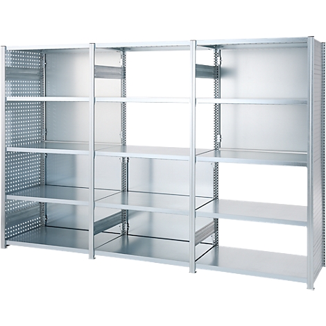 Metalen rek met open planken. De rekkenstructuur is doorlopend zilver van kleur.