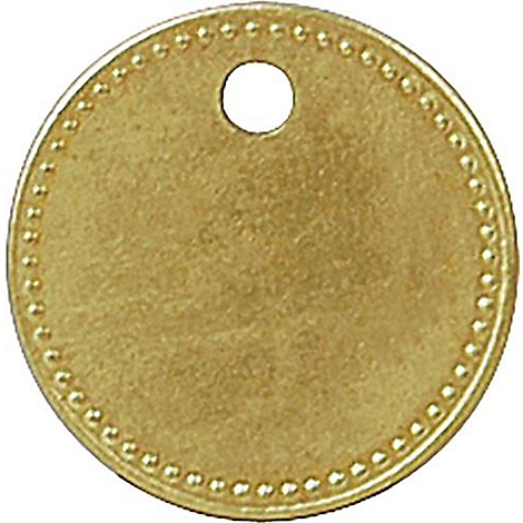 Goudkleurig, rond muntje met een gat. De rand heeft kleine stippen.
