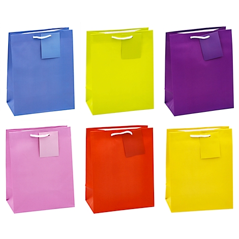 Sechs farbige Geschenktüten, jede mit einer passenden Karte und Kordelgriff.