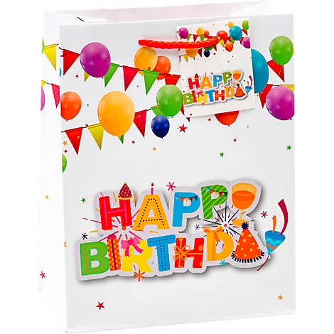 Weiße Geburtstagstüte mit bunten Luftballons, Wimpeln und "Happy Birthday" Schriftzug.