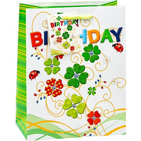 Geburtstagsgeschenktüte mit Kleeblättern, Marienkäfern und 'Birthday'-Schriftzug.