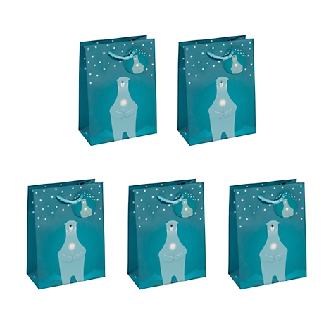 Vijf turquoise geschenktassen met een ijsbeermotief en sterren.