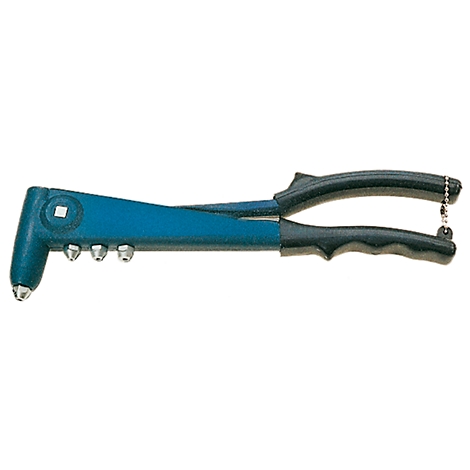 Riveting tool, blue housing, black handles, silver rivets. A chain is attached to the end of the handles.