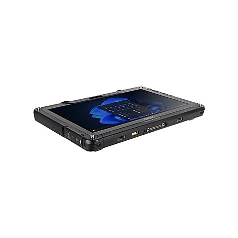 Schwarzes Tablet mit Windows-Oberfläche, robustes Design. Diverse Anschlüsse und Knöpfe.