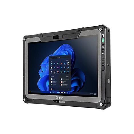 Robustes Tablet mit schwarzem Gehäuse und Windows-Oberfläche. Das Display zeigt Apps. Auf der Seite befinden sich Knöpfe.