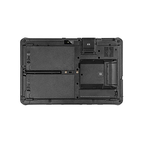 Schwarzes Tablet-Rückseite mit Schrauben, Steckplätzen und Öffnungen.