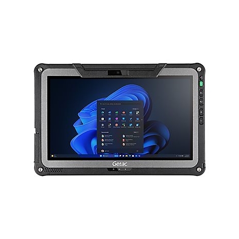Robustes Tablet-PC mit Windows-Betriebssystem, schwarzem Gehäuse und Bildschirm mit App-Icons.