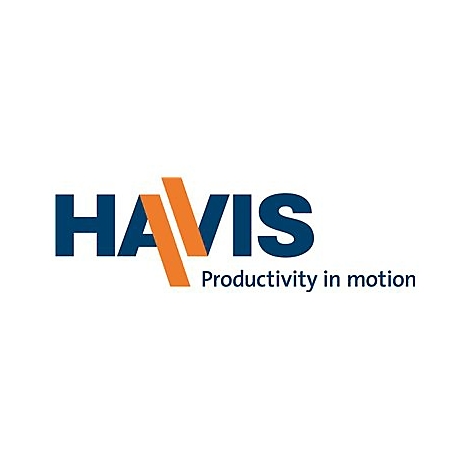 HA VIS Logo. Blauer Schriftzug, darunter orangefarbene Balken und der Slogan: Productivity in motion.