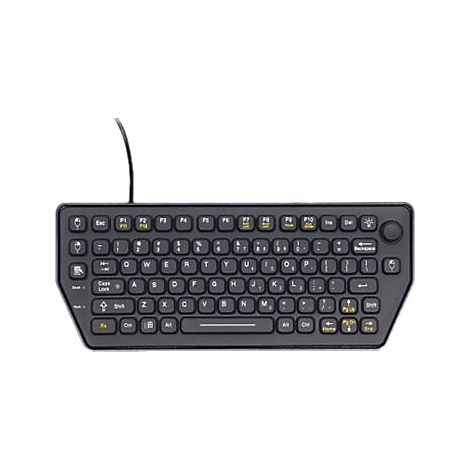 Schwarze Tastatur mit integriertem Trackball und Funktionstasten. Einige Tasten sind gelb markiert.