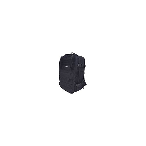Schwarzer taktischer Rucksack mit MOLLE-System vor weißem Hintergrund.