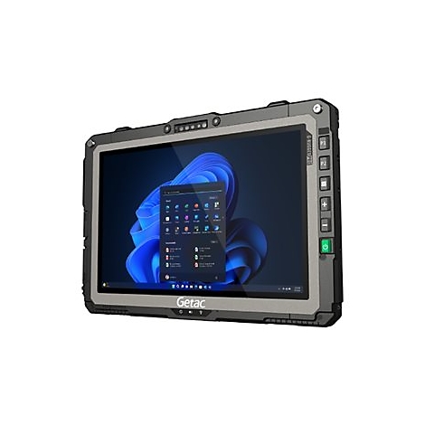 Robustes Tablet-PC, grau-schwarz, mit Windows 11 Oberfläche. Auf dem Bildschirm, das Getac Logo, das auf der linken Seite platziert ist.