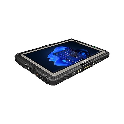 Robustes Tablet mit schwarzem Rahmen, Bildschirm zeigt Windows 11 Oberfläche, rechts Getac Logo.