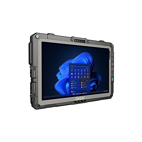 Graues, robustes Tablet mit Bildschirm. Auf dem Bildschirm ist die Windows-Oberfläche zu sehen, das Logo der Marke Getac unten.