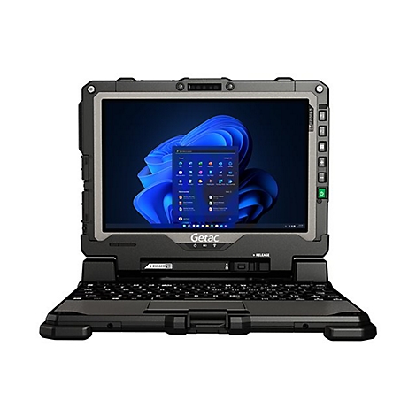 Robuster Laptop mit Windows-Startbildschirm, grau-schwarz, Tasten und seitliche Bedienelemente sichtbar.